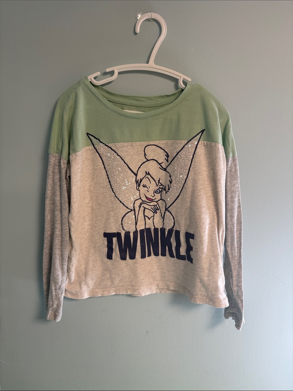 Gap Kids Disney Tinker Bell Colorblock Sequin Long-Sleeve Shirt, Girl Size 6-7
